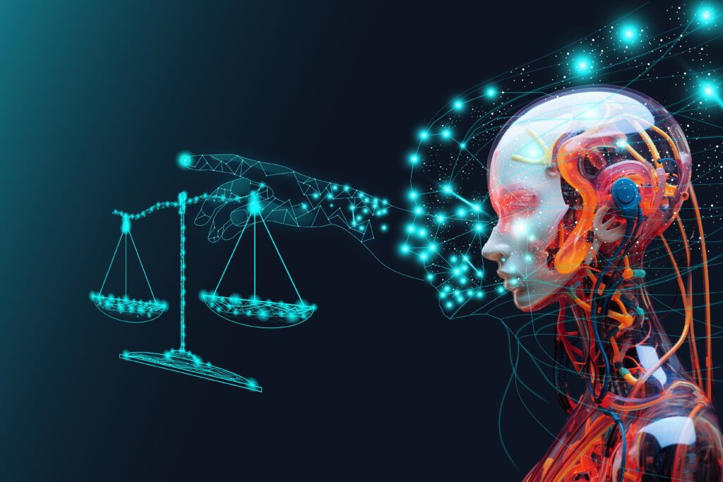 Robo olhando um simbolo do direito virtual