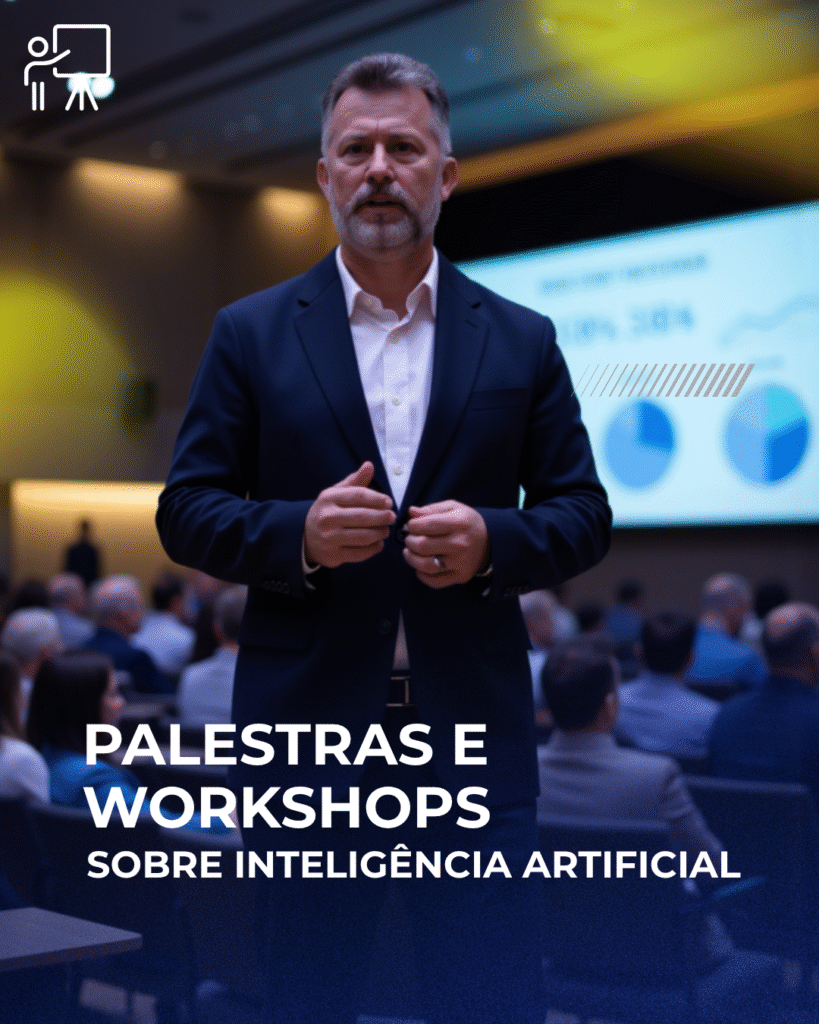 Homem ministrando um palestra e workshop sobre IA