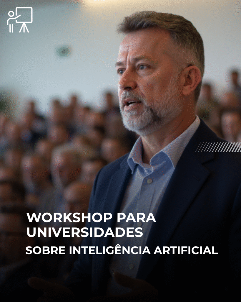 Homem ministrando um palestra e workshop sobre IA