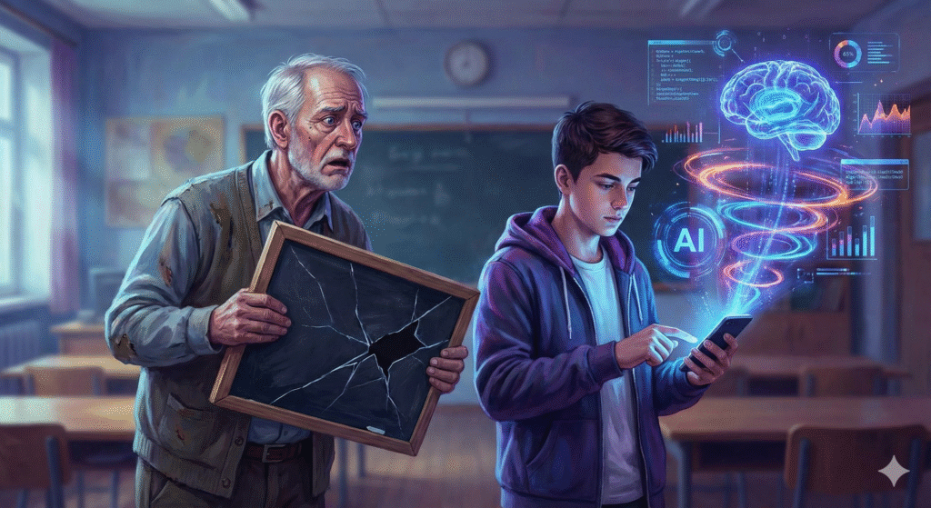 Professor idoso com quadro de ghiz quebrado na mão enquanto aluno usa celualr para cessar a IA